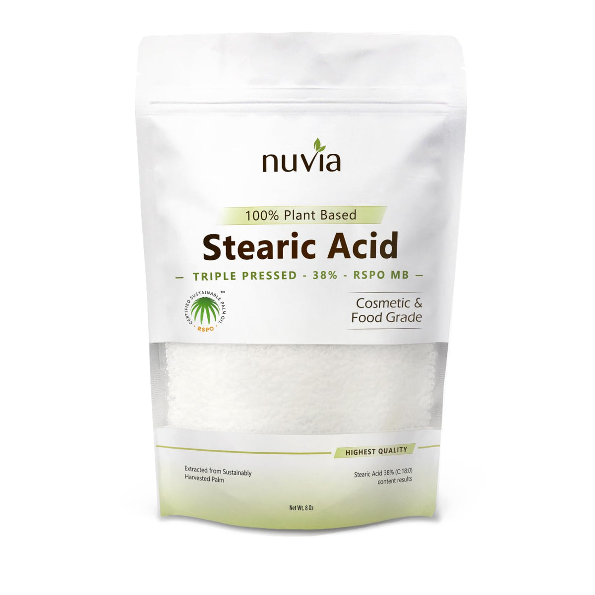Stearic Acid - 100% Plant Based, Food Grade, Triple Pressed, Certified Sustainable, by Nuvia Organics; 8oz