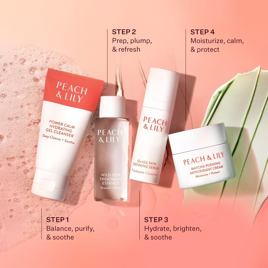 Peach & Lily - Glass Skin Discovery Kit (4 Products) - 1 Cleanser, 1 Essence, 1 Serum & 1 Cream - Skin Care Set - Acne Routine - Travel Essentials - Self Care - Vegan & Cruelty Free - Korean Beauty