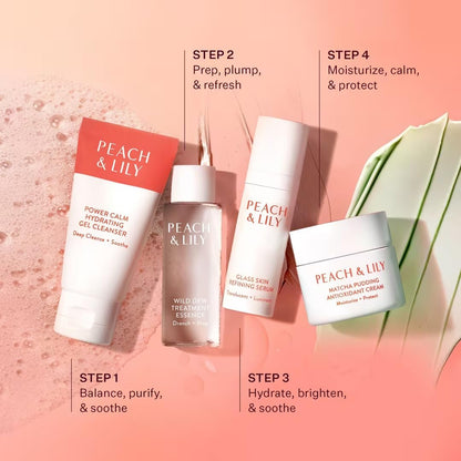 Peach & Lily - Glass Skin Discovery Kit (4 Products) - 1 Cleanser, 1 Essence, 1 Serum & 1 Cream - Skin Care Set - Acne Routine - Travel Essentials - Self Care - Vegan & Cruelty Free - Korean Beauty