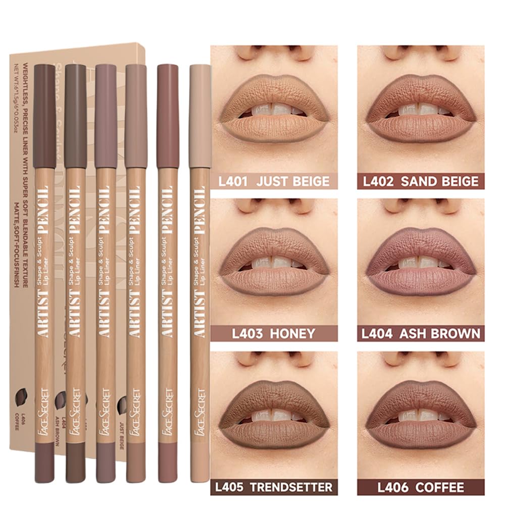 Beauty Glazed 6pcs Nude Brown Lip Liner Makeup Set - Waterproof & Smudge-Proof Matte Pencil, Long-Lasting & Durable, Smooth & Easy Glide, Non-Smudge, Contouring, Filling & Layering (NUDE-BROWN Set)