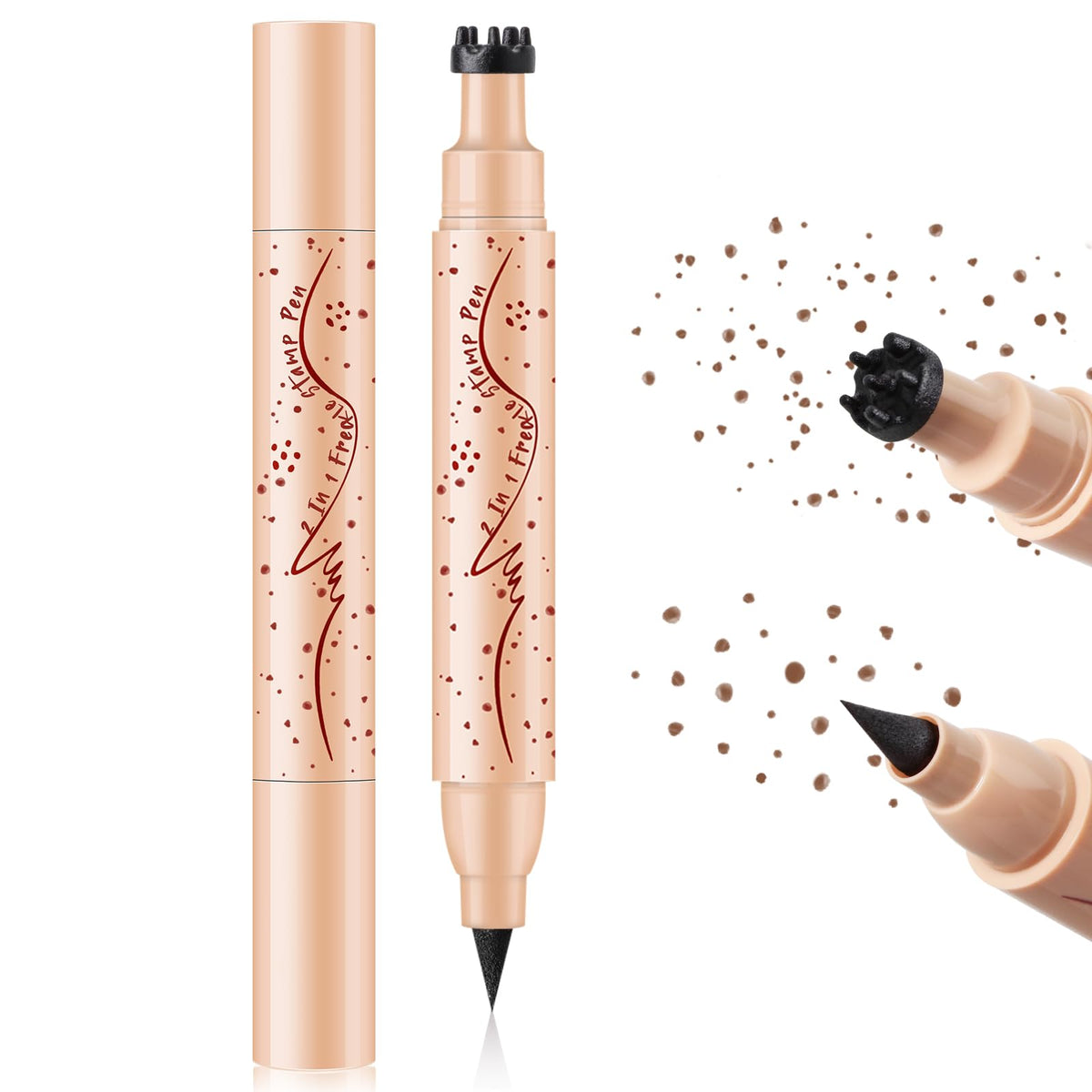 HOSAILY 2 in 1 Dual Ended Dark Brown Freckle Stamp&Freckle Pen, Waterproof Quick Dry Soft Dot Faux Freckles, Natural Lifelike Long Lasting Fake Freckle Marker Pencil Face Decoration Sunkissed Makeup