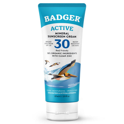 Badger Mineral Sunscreen Cream SPF 30, Reef Safe, Travel Size, 2.9 fl oz