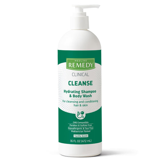 Medline Remedy Clinical Hydrating Shampoo & Body Wash (16 fl oz), Vanilla Scent, Cleanser, No-Rinse, Adults, Kids, Shower Or Bedside, Dimethicone, Sulfate Free