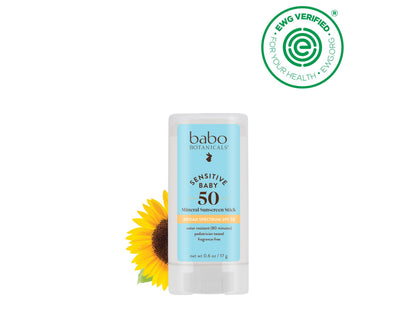 Babo Botanicals Sensitive Baby Mineral Sunscreen Stick SPF 50 - 70% Organic Ingredients - Zinc Oxide - NSF & MADE SAFE and EWG Certified - Water Resistant - Fragrance-Free - Babies & Kids