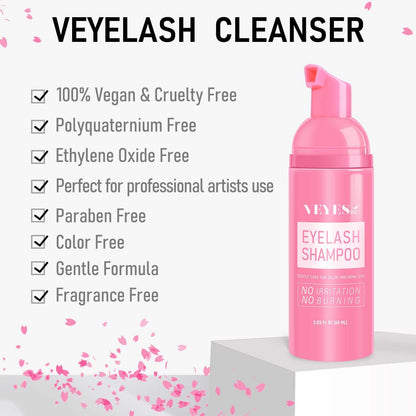 VEYES INC Lash Shampoo for Lash Extensions. Eyelash Wash for Extensions & Natural Lashes. Eyelash Extension Cleanser + Brush,Oil & Sulfate Free,60ml. Lash Supplies for Salon & Home Care