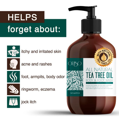 ORISO Tea Tree Oil Body Wash - Helps Athletes Foot, Ringworm, Jock Itchy, Acne, Eczema, Yeast Infection, Body Odor, Itchy Skin - With Moisturizing Aloe - Sulfate Free - 16oz