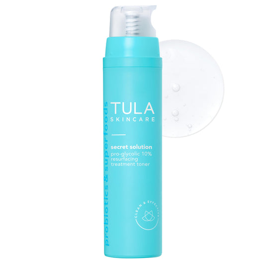 TULA Skin Care Secret Solution Pro-Glycolic 10% pH Resurfacing Toner - Face Toner to Gently Exfoliate and Hydrate Skin, with Proprietary Blend of prebiotics and Glycolic Acid, 2.7 oz.