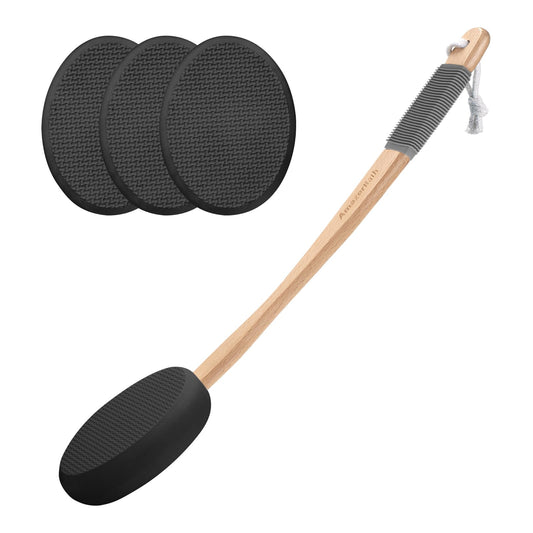 AmazerBath Lotion Applicator for Back, Feet, 4 Replacement Pads with 17" Curved Handle, Back Sunscreen Applicator for Kids, Elderly, Women, Apply Skin Cream Medicine Moisturizer Tanner, Black