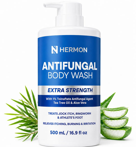Hermon Antifungal Body Wash Extra Strength: Antifungal Soap for Jock Itch, Tinea Versicolor, Ringworm, Back Acne, Foot Odor - Anti Fungal Body Wash with Tea Tree Oil for Men and Women