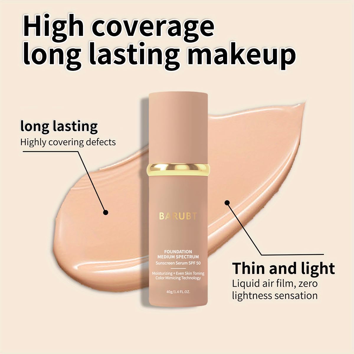 BARUBT 4 in 1 Color Changing Foundation SPF 50, 1.41 fl oz Liquid Makeup