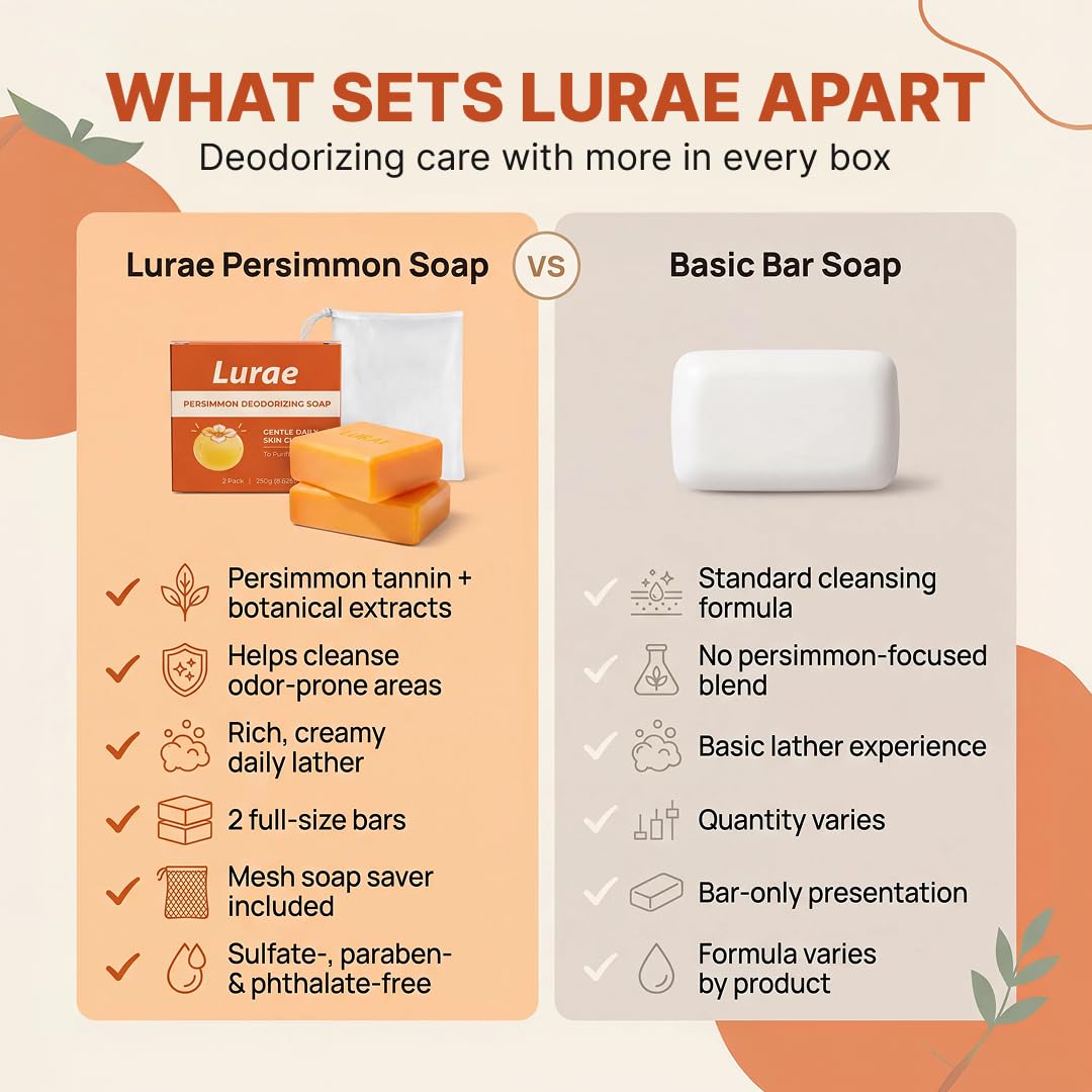 Lurae Persimmon Soap for Old People Smell, Body Odor Eliminator Bar, 2 Pack