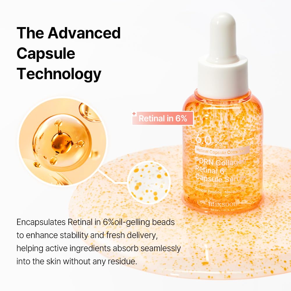 mixsoon PDRN Collagen Retinal 6 Capsule Serum, Retinal Copper Peptides Serum With Niacinamide, Firming Serum for Fine Lines & Texture Care, 30ml / 1.01 Fl. Oz Korean Glass Skin Care