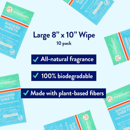 Megababe Cucumber Mint Shower Sheets, Oversized Wipes, 10 Wipes (Pack of 1)