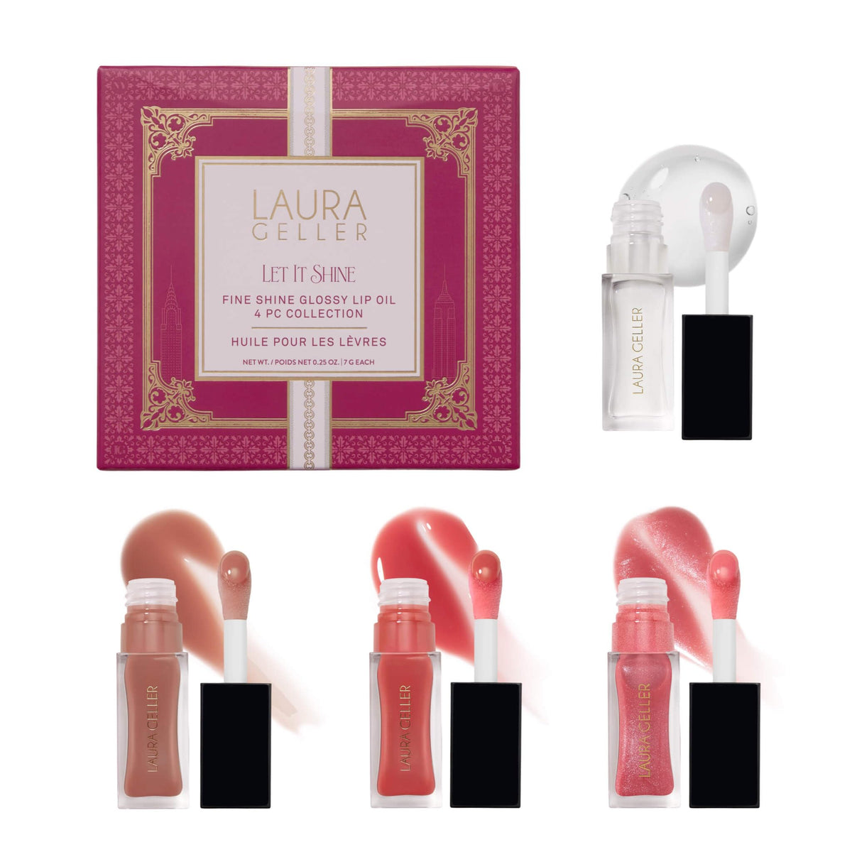 LAURA GELLER Fine Shine Glossy Lip Oil, Hydrating - Glass Half Full, Spiced Chai, Pink Prosecco, Rose Garden