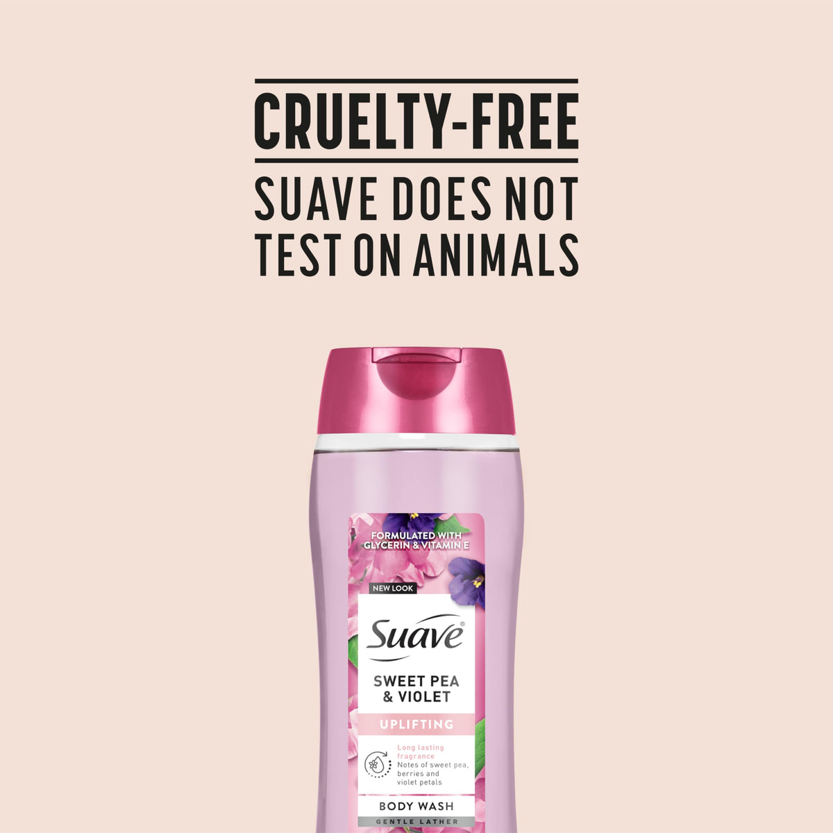 Suave Sweet Pea & Violet Moisturizing Body Wash with Glycerin & Vitamin E, Hydrating Formula For Soft, Smooth Skin, Long Lasting Fragrance, Paraben Free, 18 FL OZ