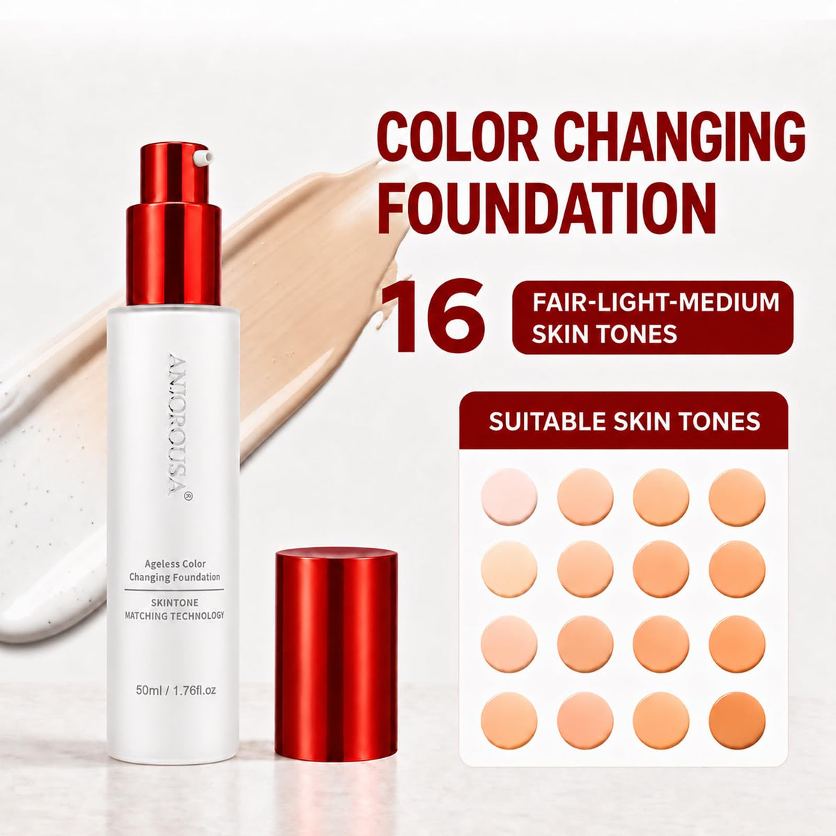 ANJOROUSA Color Changing Foundation for Mature Women-Self Adjusting Smart Shade Adapts to Your Skin Tone-for Light-to-Medium,Natural Finish-Coverage Imperfections & Fine Lines(Light-Medium)