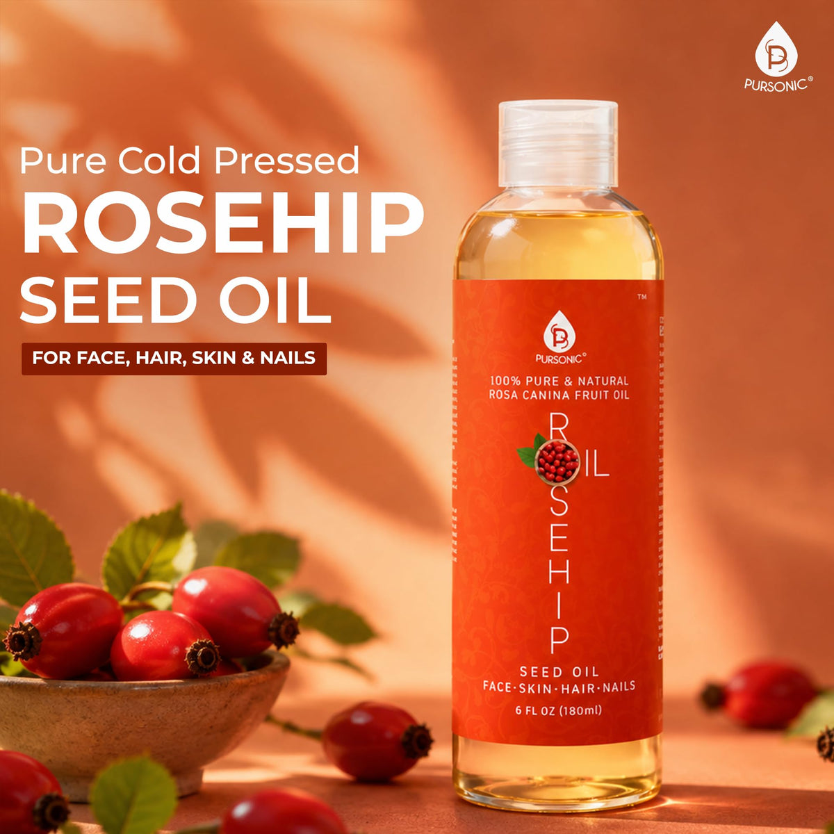 PURSONIC Pure Cold Pressed Rosehip Seed Oil for Face, Hair, Skin & Nails - Hydrating Lightweight Moisturizer for Dry Acne Prone Skin & Brightening Care with Fast Absorbing Formula - 6 Fl Oz