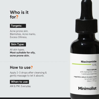 Minimalist Niacinamide 10% + Zinc Face Serum for Enlarged Pores & Excess Oil | Reduces Blemishes for Even Skin Tone | For Women & Men | 1 Fl Oz / 30 ml