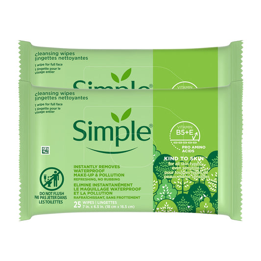 Simple Kind to Skin Facial Wipes for Women, Gentle Cleansing, 2 Pack Set