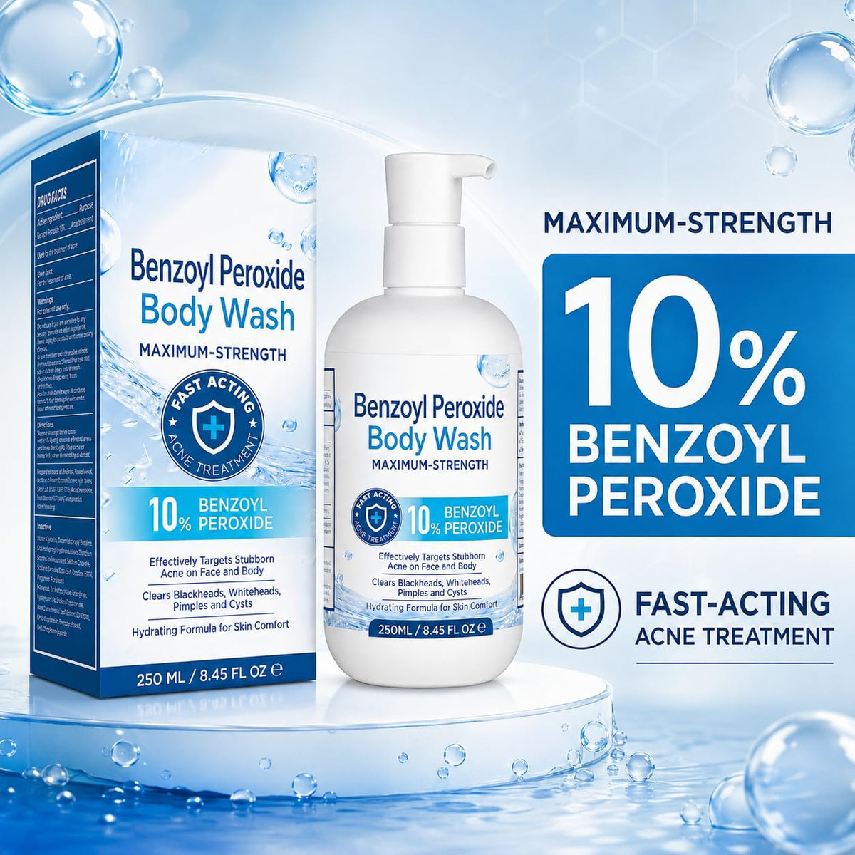 Hermon Benzoyl Peroxide Body Wash: 10% Benzoyl Peroxide Acne Wash for Face, Skin, Butt, and Back Acne - Maximum-Strength Fast-Acting Acne Control Cleanser 8.45 Fl. Oz.