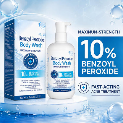 Hermon Benzoyl Peroxide Body Wash: 10% Benzoyl Peroxide Acne Wash for Face, Skin, Butt, and Back Acne - Maximum-Strength Fast-Acting Acne Control Cleanser 8.45 Fl. Oz.