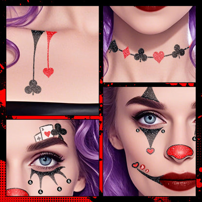 Halloween Clown Face Makeup Temporary Tattoos+Black Red Faces Gems
