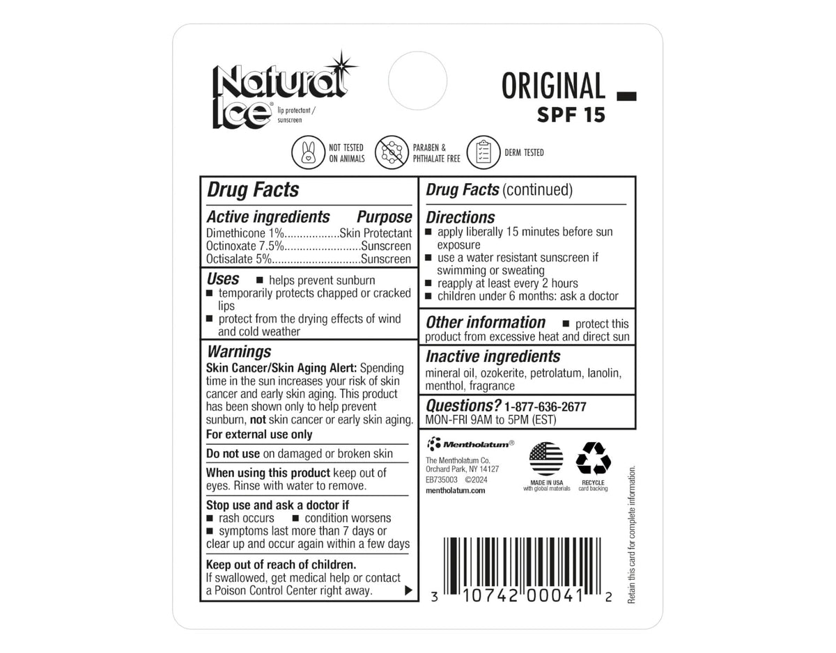 Mentholatum Natural Ice Lip Balm Original SPF 15 1 Each ( Pack of 3)