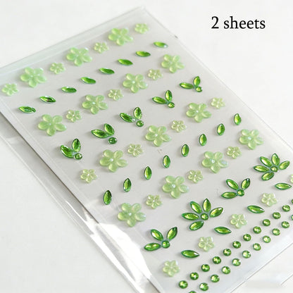 Green Flower Face Gems Stickers - Summer Face Jewelry with Floral Rhinestone Decals, Self-Adhesive Green Face Tattoos for Festival Makeup, Halloween Costume, Christmas Cosplay, Nail & Body Art