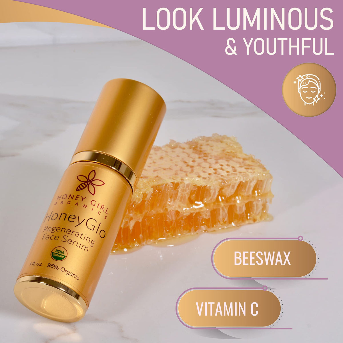 Honey Girl Organics HoneyGlo Regenerating Face Serum, USDA Certified Organic Facial Serum for Women Softens and Moisturizes Skin with Enriched Beehive Ingredients, Vitamin C and EVOO (1 oz)