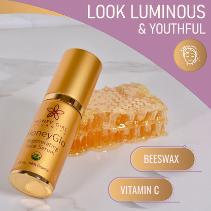 Honey Girl Organics HoneyGlo Regenerating Face Serum, USDA Certified Organic Facial Serum for Women Softens and Moisturizes Skin with Enriched Beehive Ingredients, Vitamin C and EVOO (1 oz)