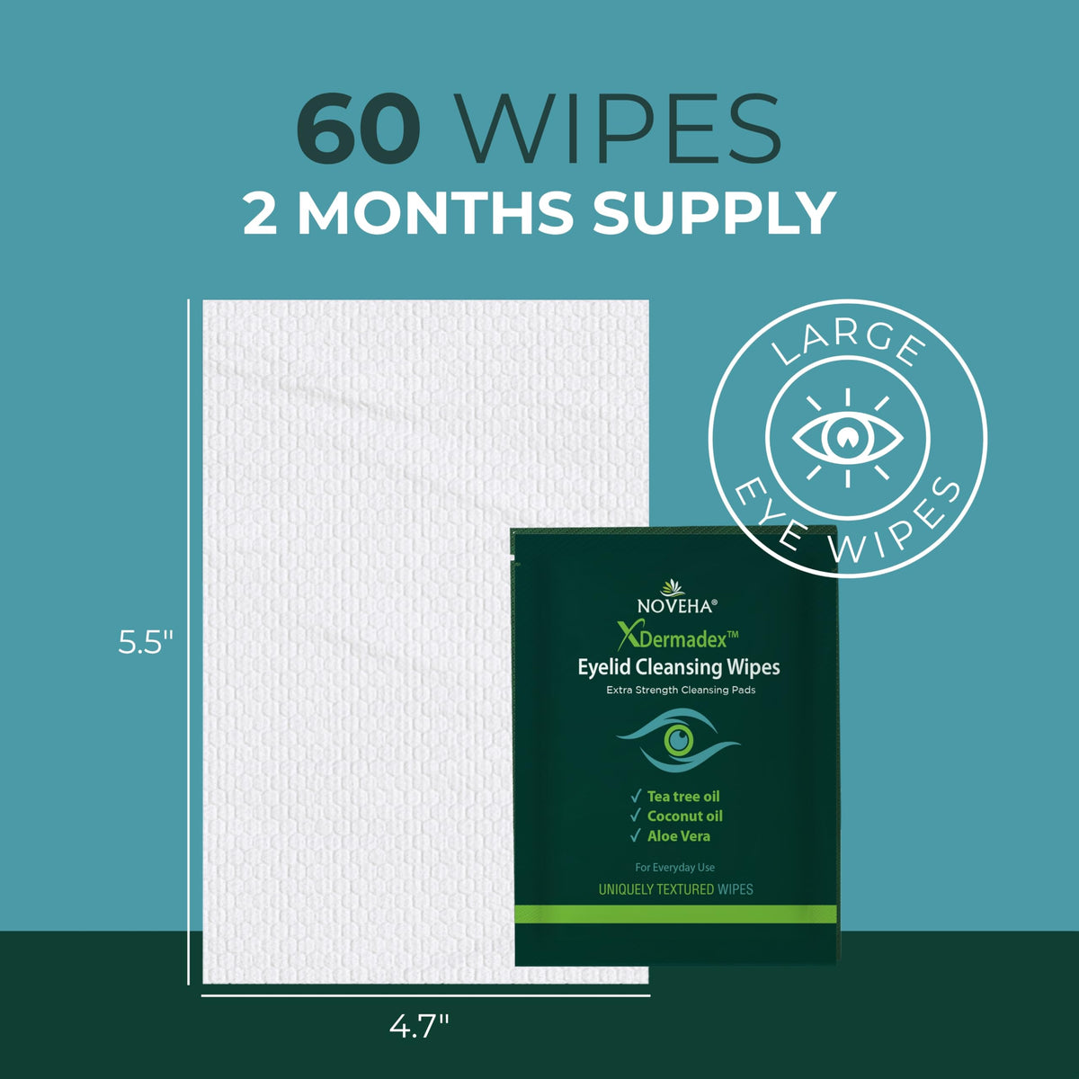 NOVEHA Eyelid & Lash Wipes | Box of 60 Individually Wrapped Extra Strength Cleansing Eyelash Wipes - Naturally Remove Debris (Pack of 2)