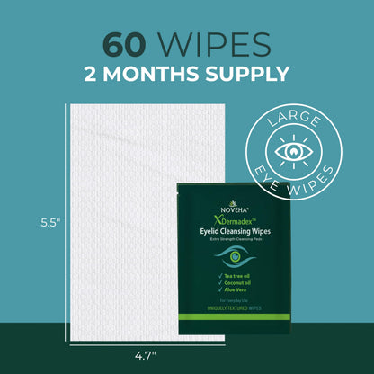 NOVEHA Eyelid & Lash Wipes | Box of 60 Individually Wrapped Extra Strength Cleansing Eyelash Wipes - Naturally Remove Debris (Pack of 2)