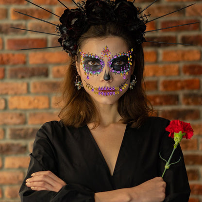 Halloween Face Jewels Temporary Tattoos – 4 Pack Day of the Death Rhinestone Skull Face Gems – Crystal Eye Glitter Stickers for Halloween Makeup, Cosplay & Horror Party Supplies (4 PCS)