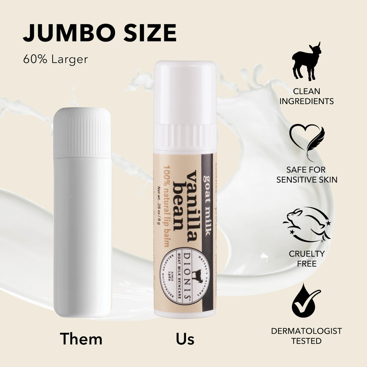 Dionis Goat Milk Jumbo Lip Balm for Dry Chapped Lips, Vanilla Bean, 3 Pack