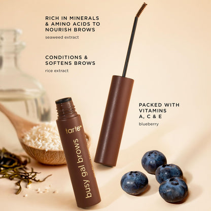 tarte busy gal tinted brow gel – 3-in-1 Waterproof Longwear Eyebrow Gel to Shape, Tint & Set Brows, Infused with Vitamin E, Vegan & Cruelty-Free, full size, med brown