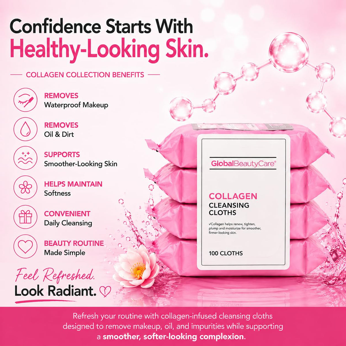 Global Beauty Care Collagen Cleansing Facial Towelettes, Makeup Remover, Nourishing Face & Eye, Hypoallergenic, Paraben-Free, Non-Comedogenic, Hydrates & Smooths Skin, 25 Wipes, 100 Count 4 Pack
