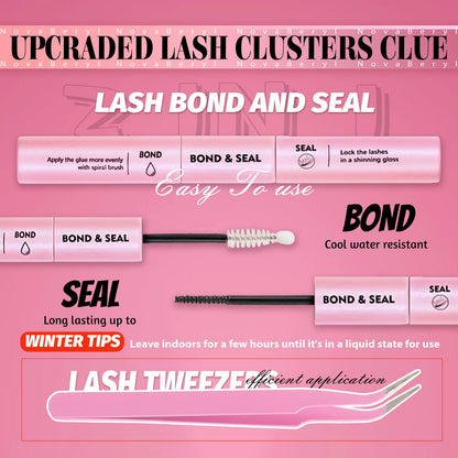 NovaBeryl Lash Clusters Kit, Fluffy 200D Thick Volume Lash Clusters 10–18mm, Individual Fluffy Cluster Lashes with Bond & Seal and Tweezers, DIY Eyelash Extension Kit
