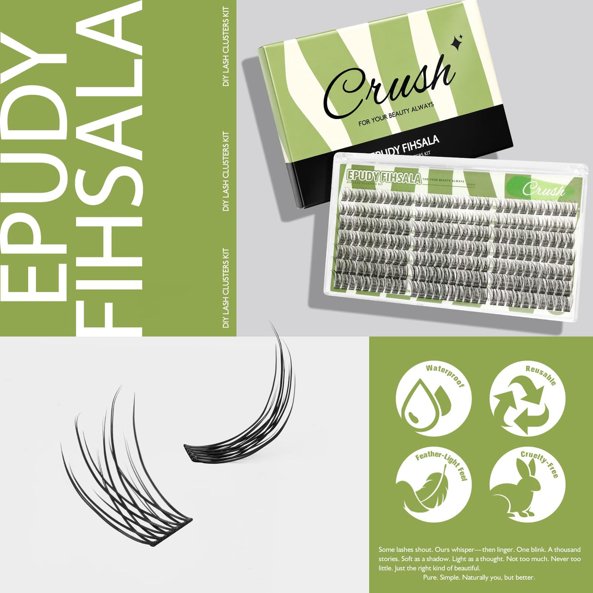 Crush Natural Wispy Lash Clusters – Soft C Curl Lash Clusters 10-14mm 210Pcs | DIY Eyelash Extension Kit with Bond & Seal Tweezers for Clean Soft Glam Look EPUDY FIHSALA
