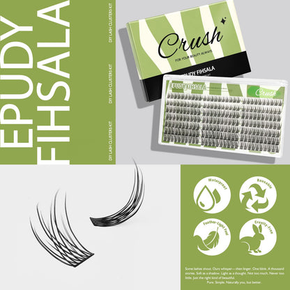 Crush Natural Wispy Lash Clusters – Soft C Curl Lash Clusters 10-14mm 210Pcs | DIY Eyelash Extension Kit with Bond & Seal Tweezers for Clean Soft Glam Look EPUDY FIHSALA