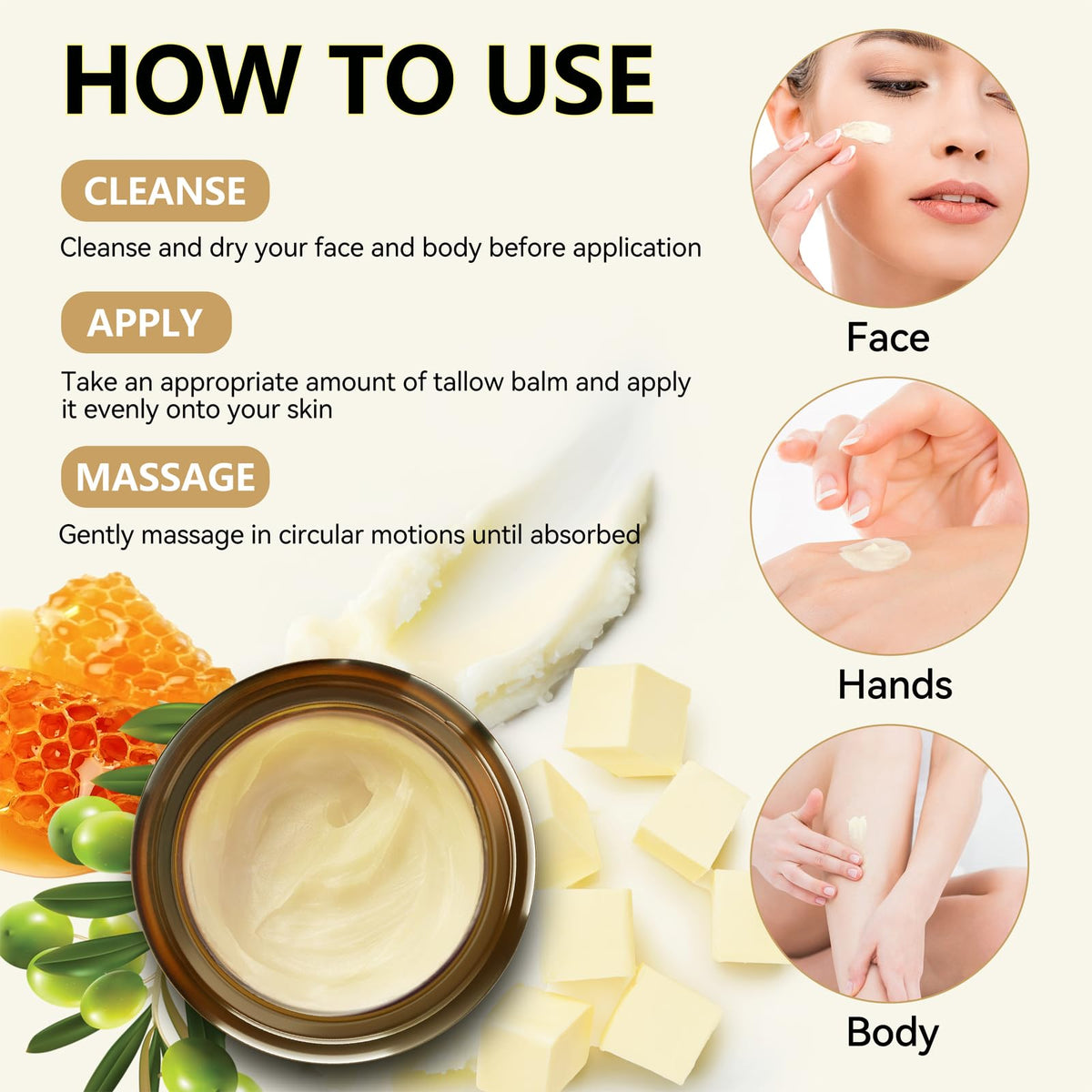 Veakoo Beef Tallow for Skin, Organic Whipped Tallow and Honey Balm, Grass Fed Beef Tallow Face Cream, Natural Tallow Skin Care Moisturizer Body Butter, Nourish and Soothe Dry Skin
