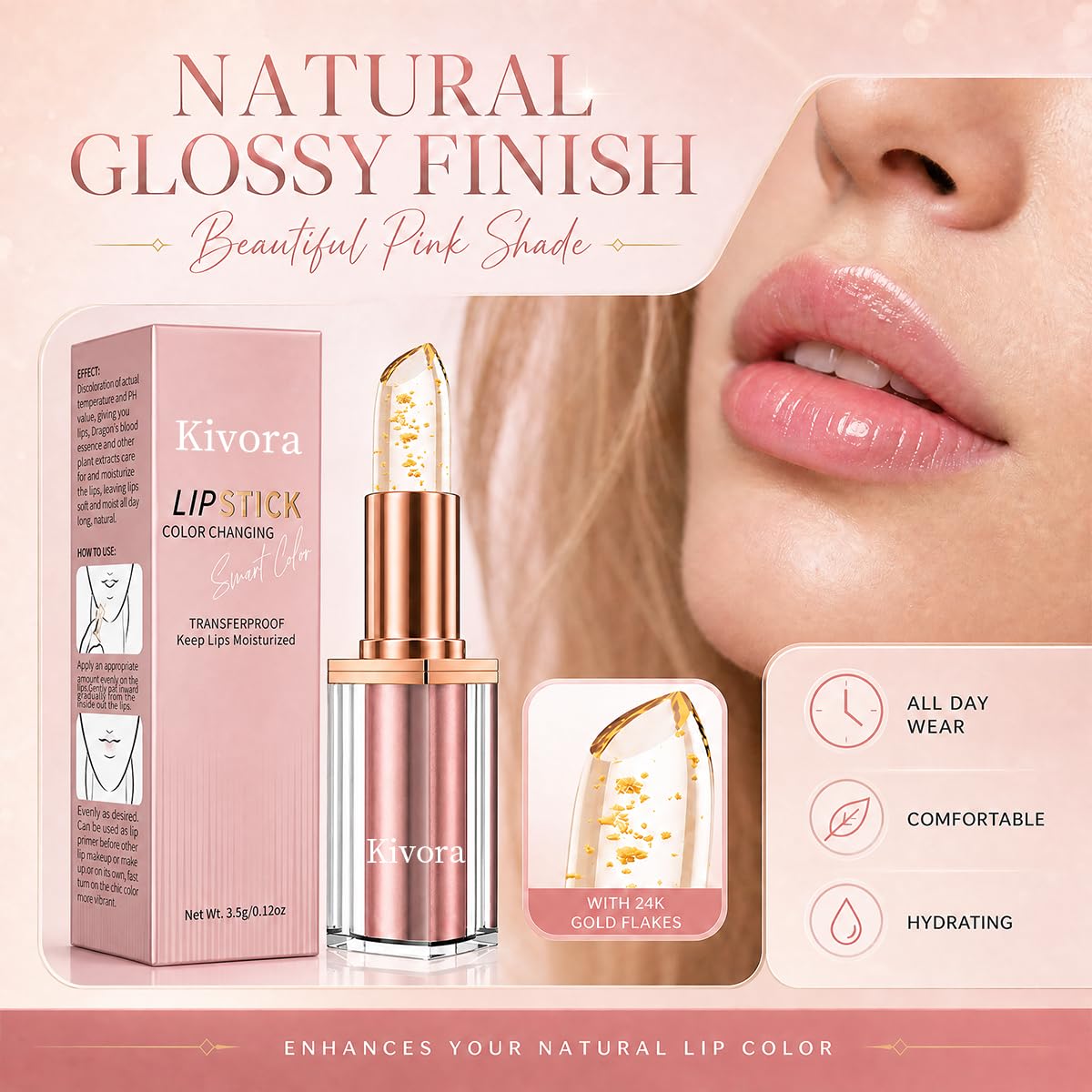 Kivora Lipstick（2 Pack）,Latest Rose Gold Kivora Lipstick for Mature Lips,PH Lipsticks Color Changing, Long Lasting Moisturizing Tinted Lip Balm