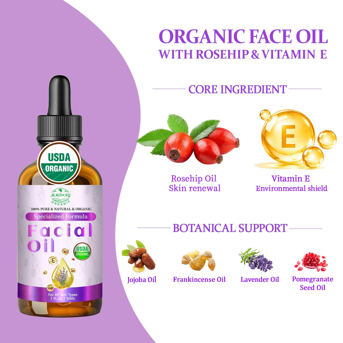 MMPANG Organic Glow Face Oil with Rosehip Oil, Facial Oil for Dry Skin