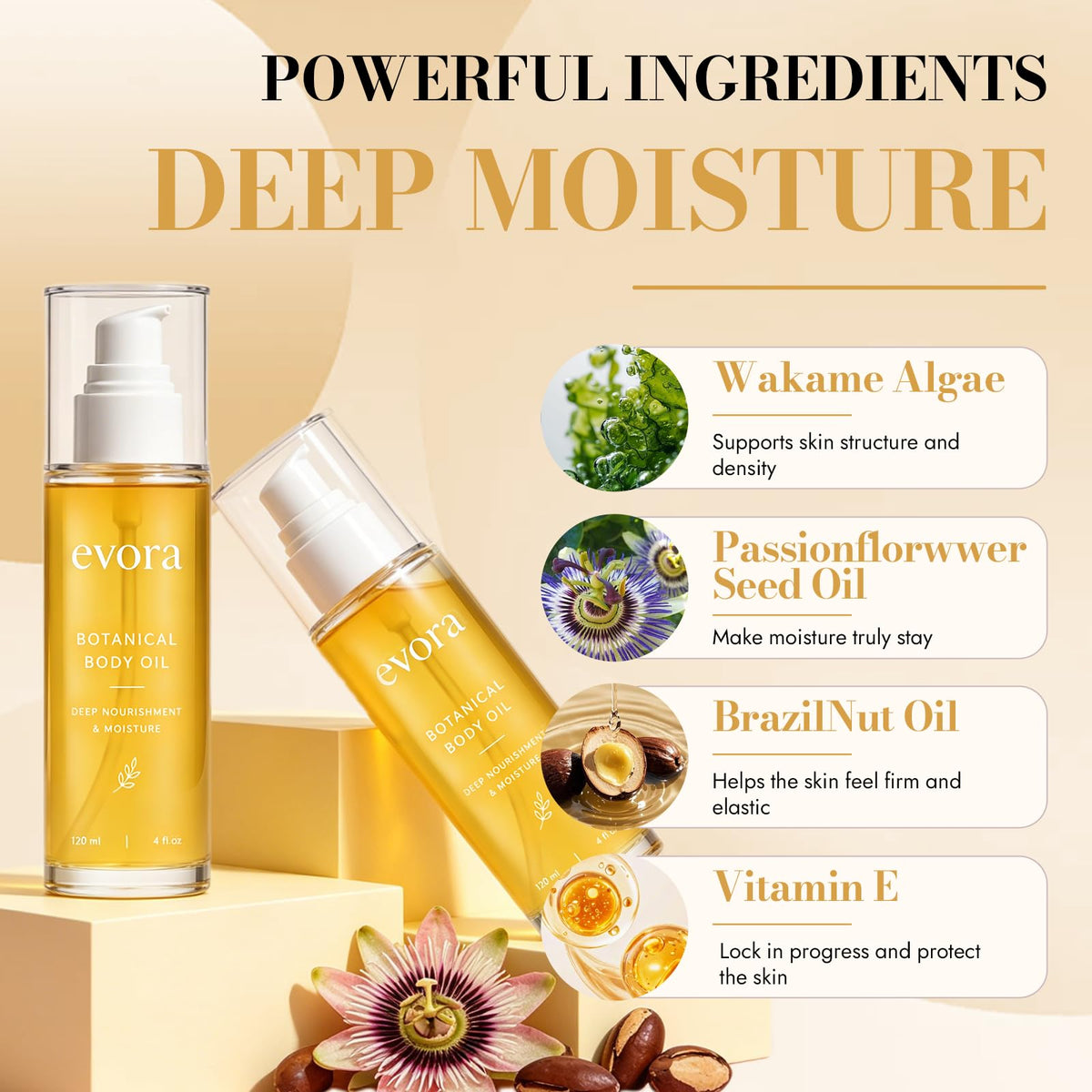 Evora Botanical Body Oil, Wakame Algae, Brazil Nut & Passionflower Seed Oils,Lightweight Firming Massage Oil for Smoother-Looking Skin, Non-Greasy HydratingBody Oil, 4 FI Oz