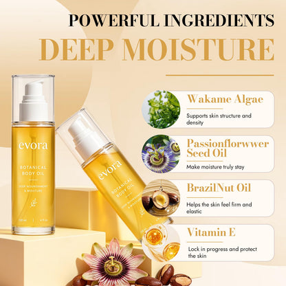 Evora Botanical Body Oil, Wakame Algae, Brazil Nut & Passionflower Seed Oils,Lightweight Firming Massage Oil for Smoother-Looking Skin, Non-Greasy HydratingBody Oil, 4 FI Oz
