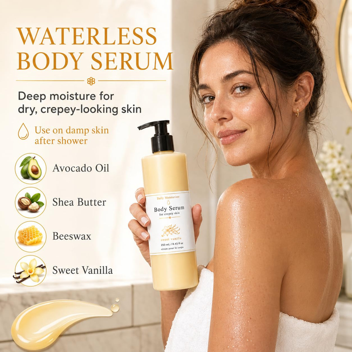 MKSUVGQ Bees Body Serum for Crepey Skin, Waterless Wet Skin Body Oil with Avocado Oil, Castor Oil, Coconut Oil, Shea Butter & Beeswax, After Shower Body Moisturizer, Sweet Vanilla, 8 fl oz