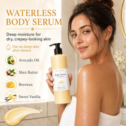 MKSUVGQ Bees Body Serum for Crepey Skin, Waterless Wet Skin Body Oil with Avocado Oil, Castor Oil, Coconut Oil, Shea Butter & Beeswax, After Shower Body Moisturizer, Sweet Vanilla, 8 fl oz