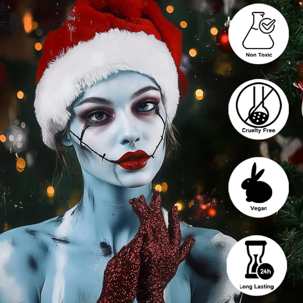Paminify 4 Pcs Sally Makeup Kit,Corpse Bride SFX Halloween Baby Blue ,Water Activated Face Paint Makeup Kit,Sally Face Costume Women Cosplay,Light Blue Body Paint+Eyeliner+Lipstick+Sponge