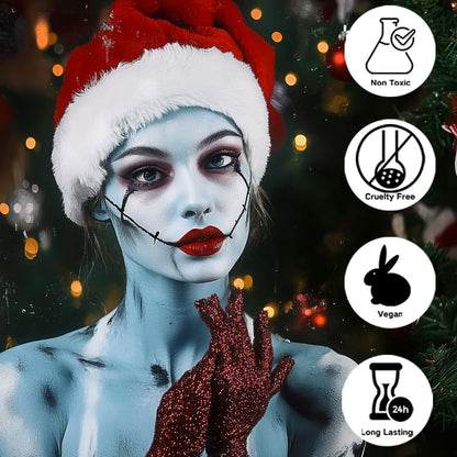 Paminify 4 Pcs Sally Makeup Kit,Corpse Bride SFX Halloween Baby Blue ,Water Activated Face Paint Makeup Kit,Sally Face Costume Women Cosplay,Light Blue Body Paint+Eyeliner+Lipstick+Sponge