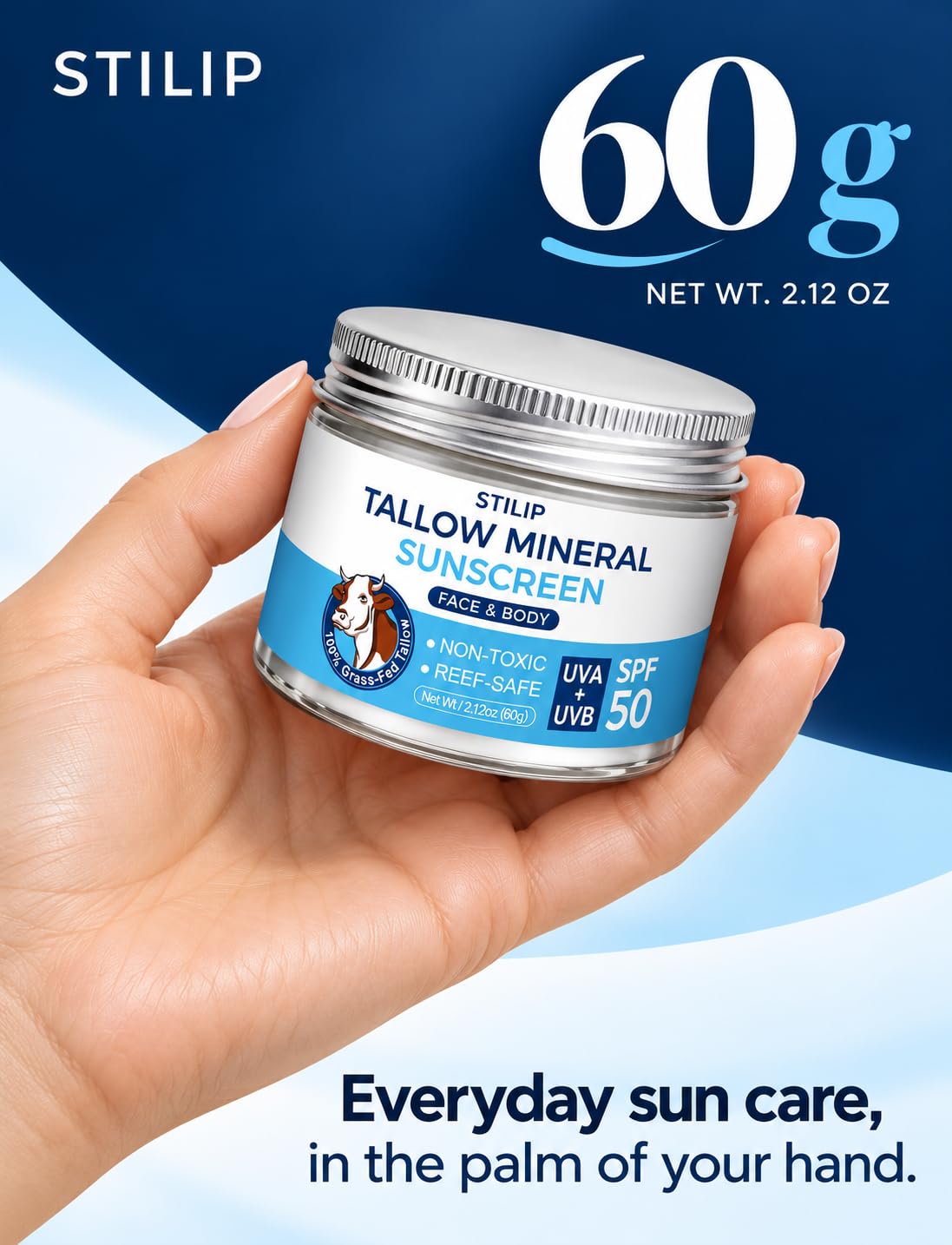 STILIP Beef Tallow Sunscreen SPF 50, Mineral Face & Body Cream, 2.12 oz
