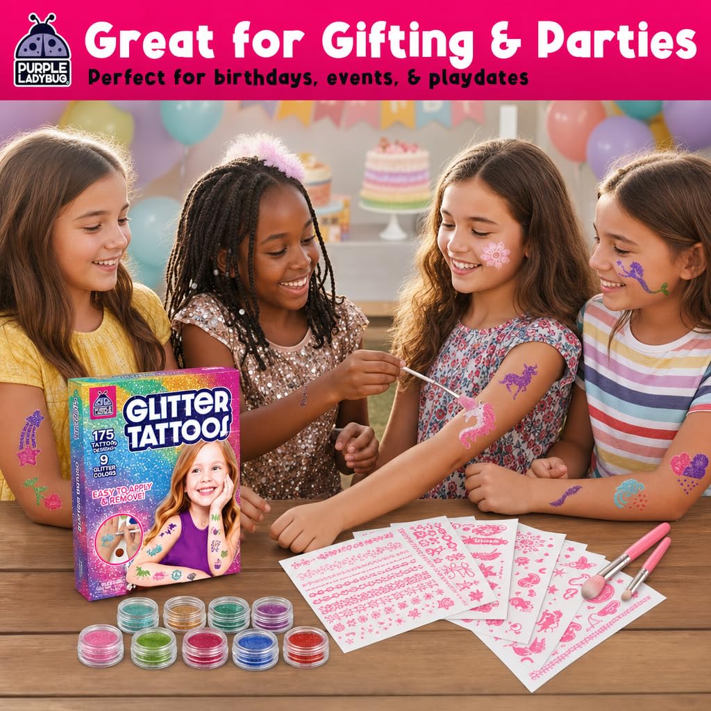 Glitter Tattoo Kit for Ages 6+, No Glue & Low Mess Temporary Fake Tattoos
